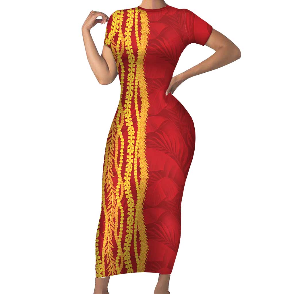 Hawaii Prince Kuhio Short Sleeve Bodycon Dress Red Hawaiian Lau Maia With Leis LT05 Long Dress Red - Polynesian Pride