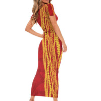 Hawaii Prince Kuhio Short Sleeve Bodycon Dress Red Hawaiian Lau Maia With Leis LT05 - Polynesian Pride