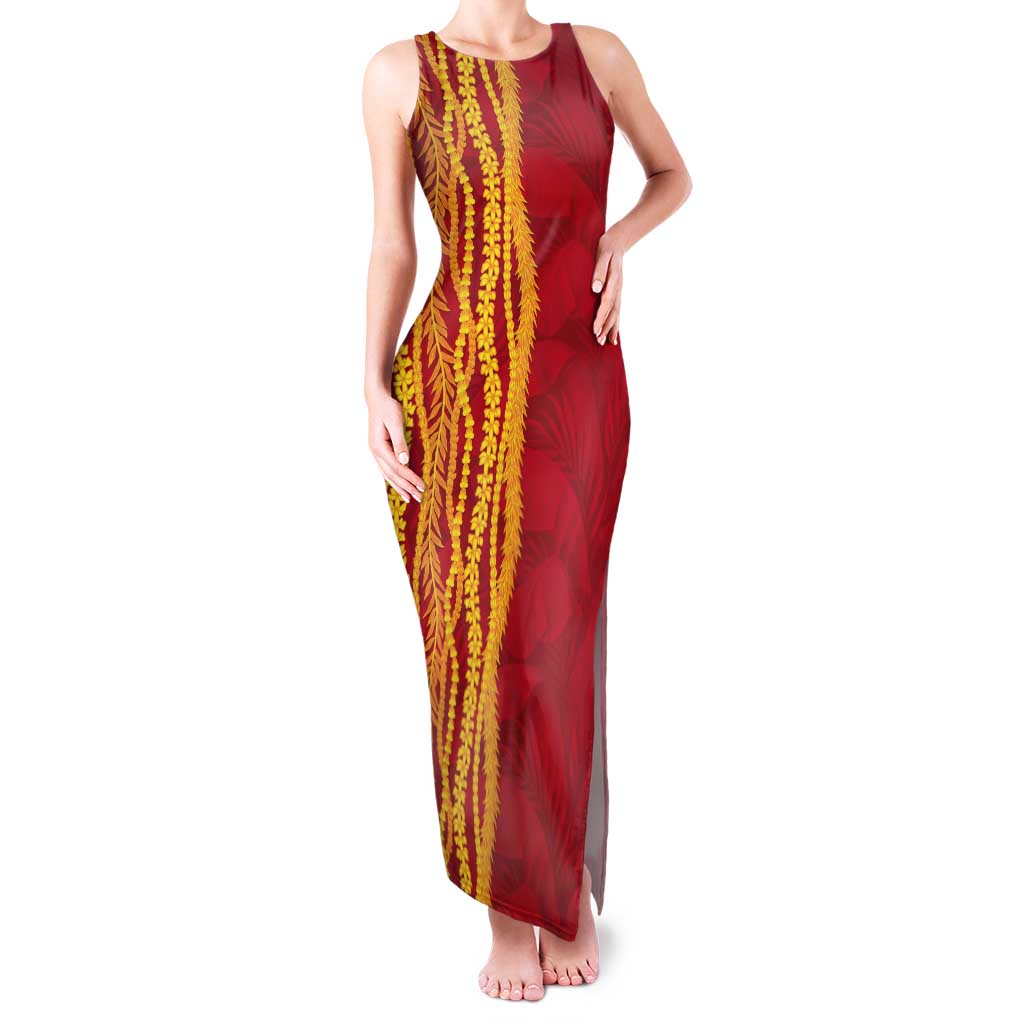 Hawaii Prince Kuhio Tank Maxi Dress Red Hawaiian Lau Maia With Leis