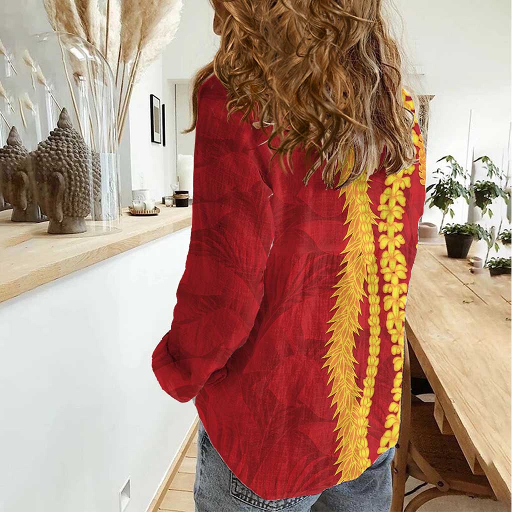 Hawaii Prince Kuhio Women Casual Shirt Red Hawaiian Lau Maia With Leis LT05 - Polynesian Pride