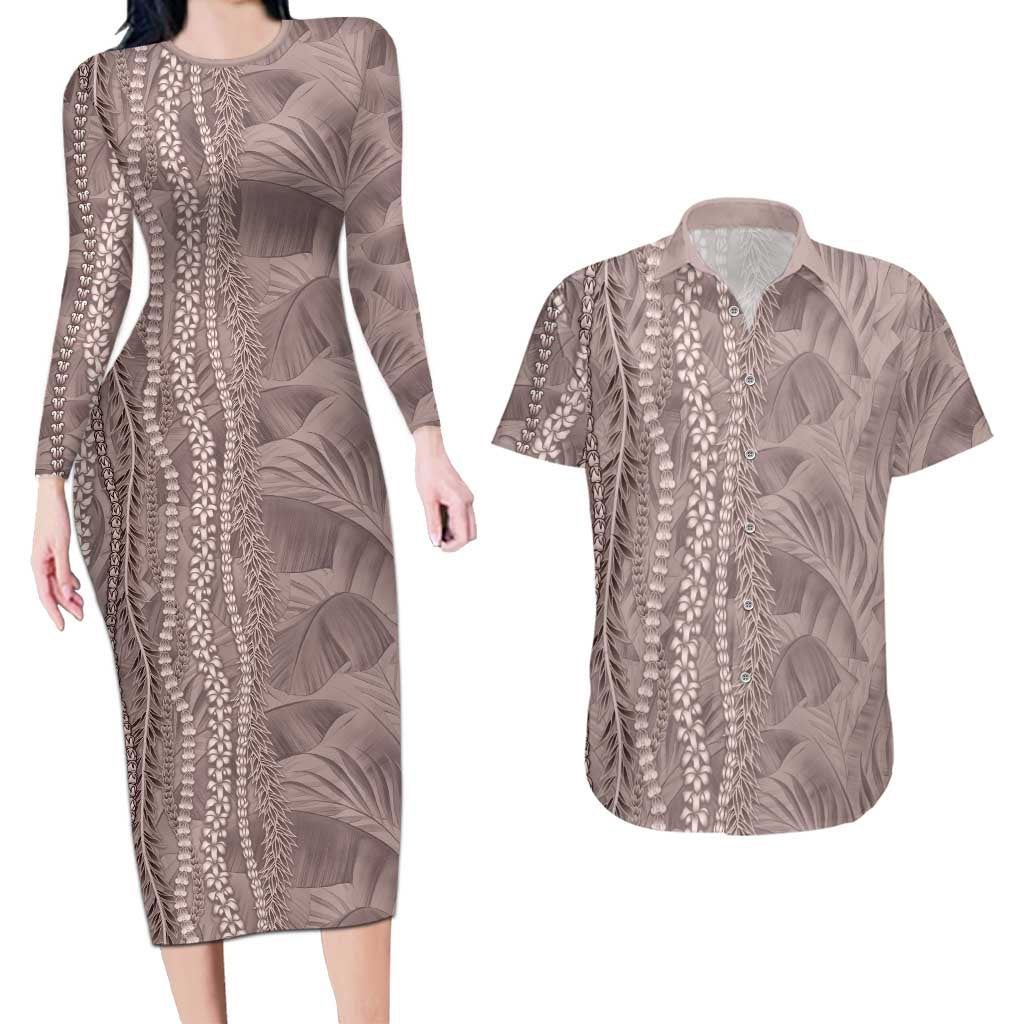 Hawaii Prince Kuhio Couples Matching Long Sleeve Bodycon Dress and Hawaiian Shirt Mocha Hawaiian Lau Maia With Leis