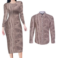 Hawaii Prince Kuhio Couples Matching Long Sleeve Bodycon Dress and Long Sleeve Button Shirt Mocha Hawaiian Lau Maia With Leis LT05 Mocha - Polynesian Pride