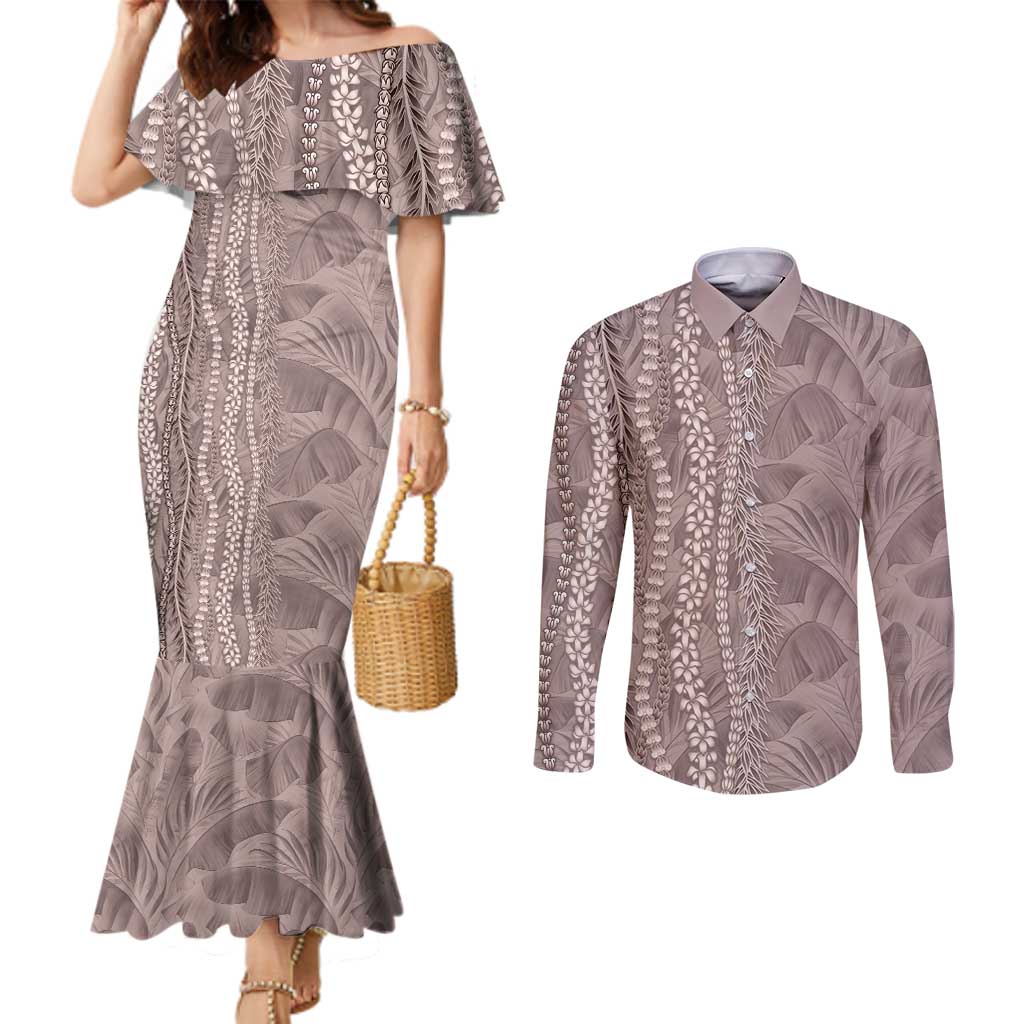 Hawaii Prince Kuhio Couples Matching Mermaid Dress and Long Sleeve Button Shirt Mocha Hawaiian Lau Maia With Leis LT05 Mocha - Polynesian Pride