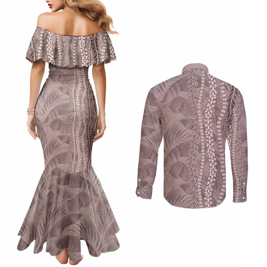 Hawaii Prince Kuhio Couples Matching Mermaid Dress and Long Sleeve Button Shirt Mocha Hawaiian Lau Maia With Leis LT05 - Polynesian Pride