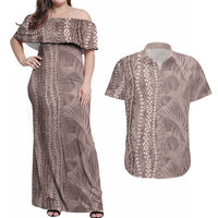 Hawaii Prince Kuhio Couples Matching Off Shoulder Maxi Dress and Hawaiian Shirt Mocha Hawaiian Lau Maia With Leis LT05 Mocha - Polynesian Pride