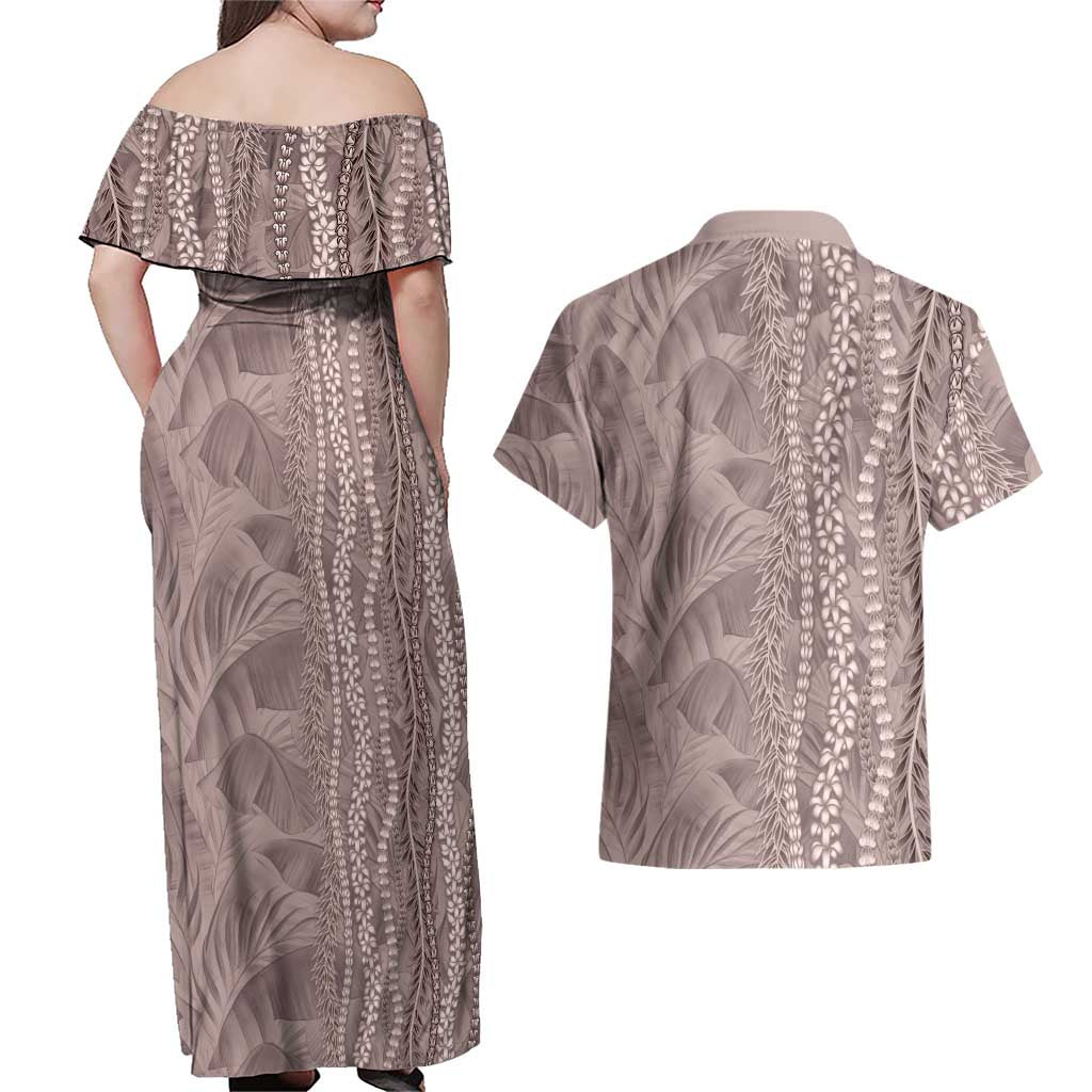 Hawaii Prince Kuhio Couples Matching Off Shoulder Maxi Dress and Hawaiian Shirt Mocha Hawaiian Lau Maia With Leis LT05 - Polynesian Pride
