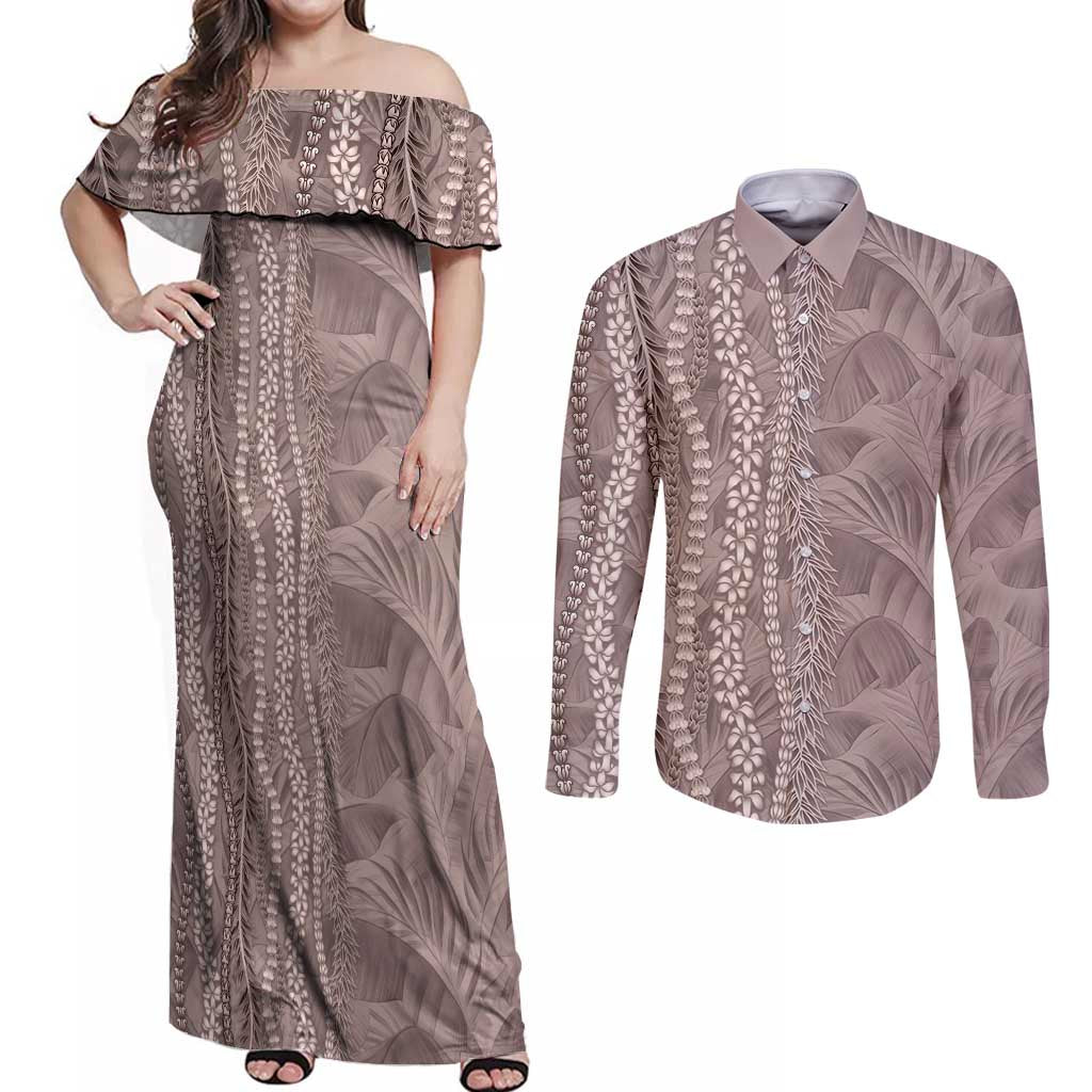 Hawaii Prince Kuhio Couples Matching Off Shoulder Maxi Dress and Long Sleeve Button Shirt Mocha Hawaiian Lau Maia With Leis LT05 Mocha - Polynesian Pride