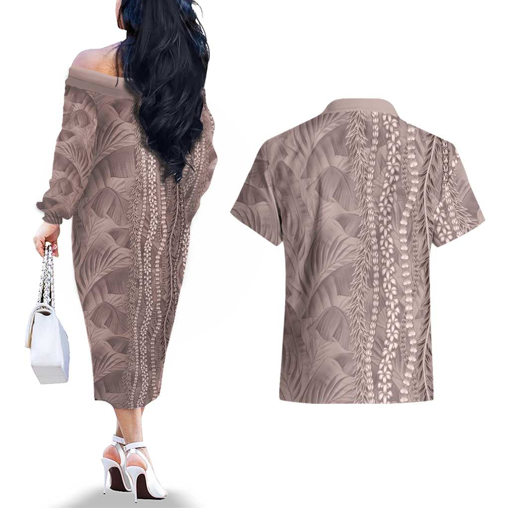 Hawaii Prince Kuhio Couples Matching Off The Shoulder Long Sleeve Dress and Hawaiian Shirt Mocha Hawaiian Lau Maia With Leis