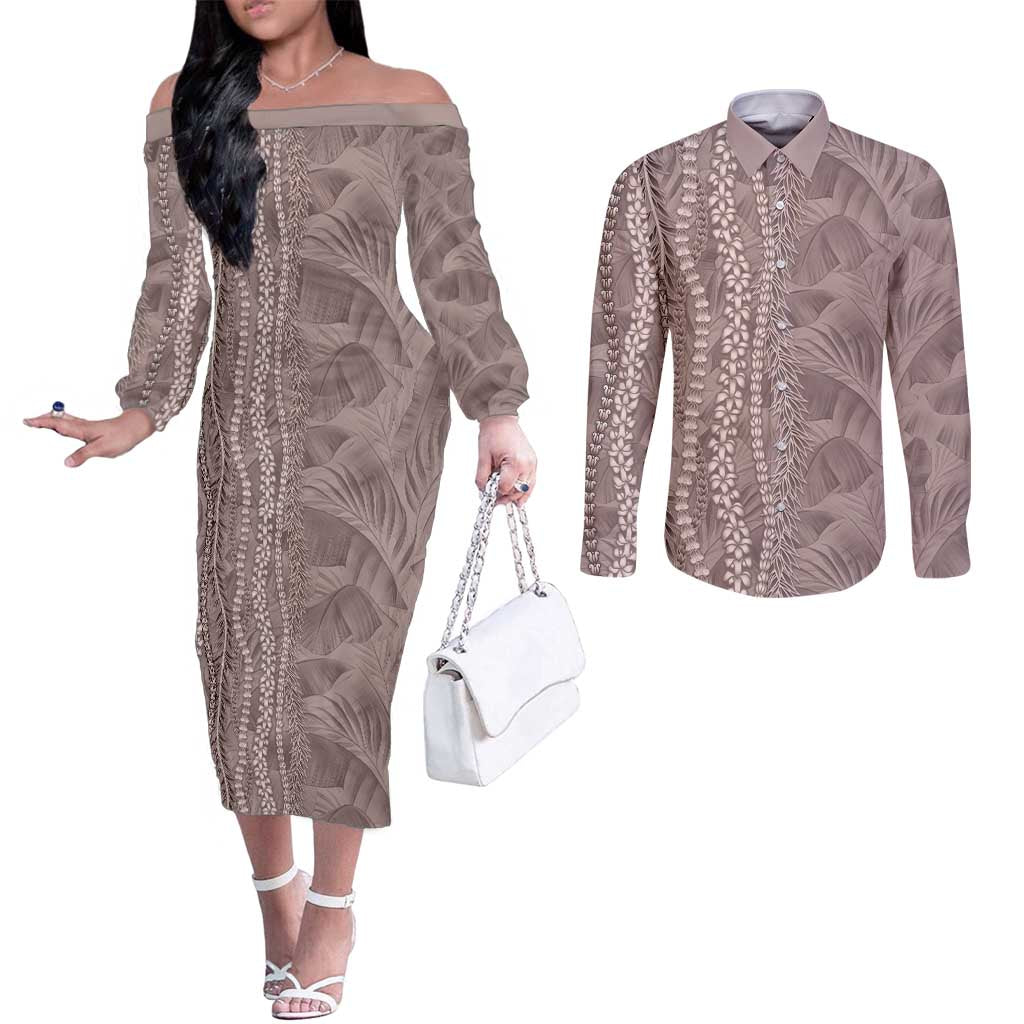 Hawaii Prince Kuhio Couples Matching Off The Shoulder Long Sleeve Dress and Long Sleeve Button Shirt Mocha Hawaiian Lau Maia With Leis