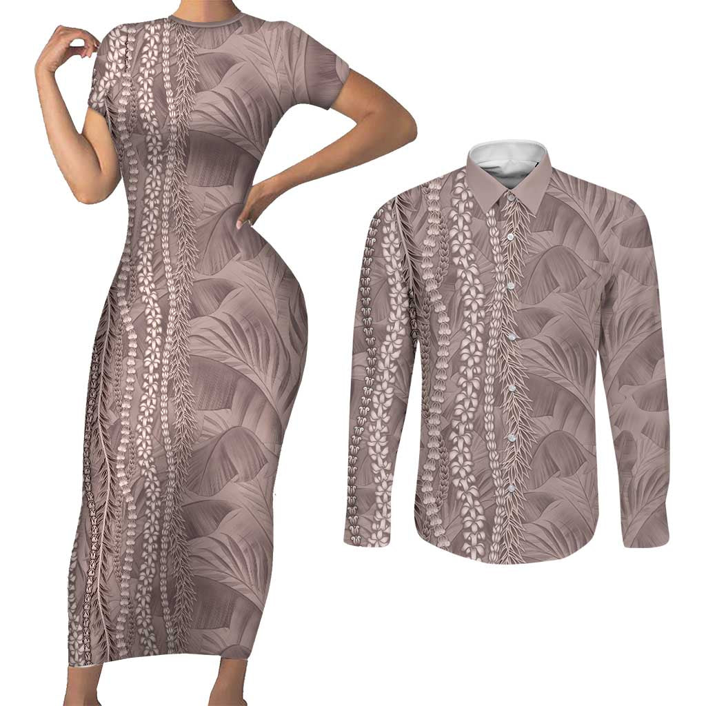 Hawaii Prince Kuhio Couples Matching Short Sleeve Bodycon Dress and Long Sleeve Button Shirt Mocha Hawaiian Lau Maia With Leis LT05 Mocha - Polynesian Pride