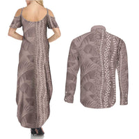 Hawaii Prince Kuhio Couples Matching Summer Maxi Dress and Long Sleeve Button Shirt Mocha Hawaiian Lau Maia With Leis LT05 - Polynesian Pride