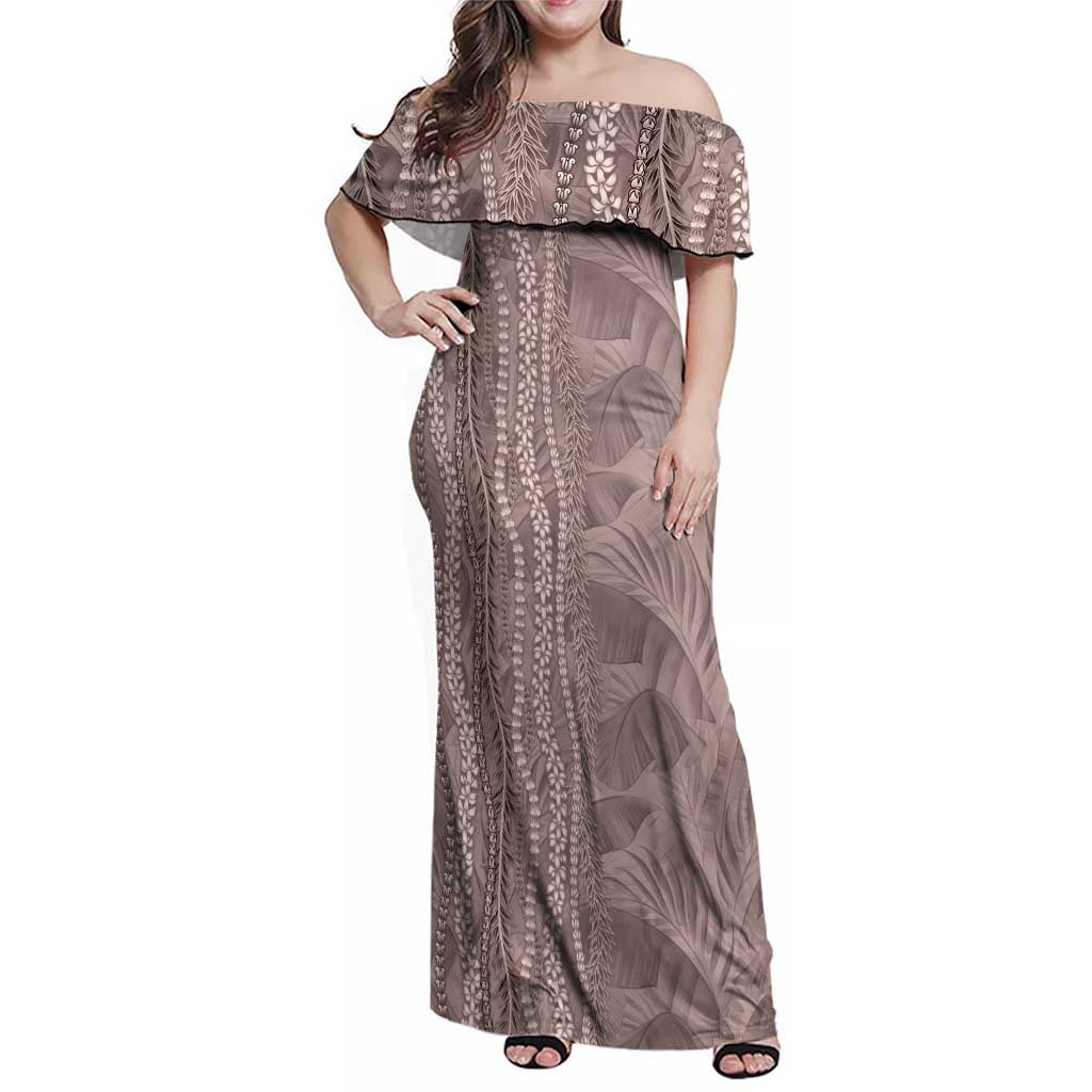 Hawaii Prince Kuhio Family Matching Off Shoulder Maxi Dress and Hawaiian Shirt Mocha Hawaiian Lau Maia With Leis LT05 Mom's Dress Mocha - Polynesian Pride