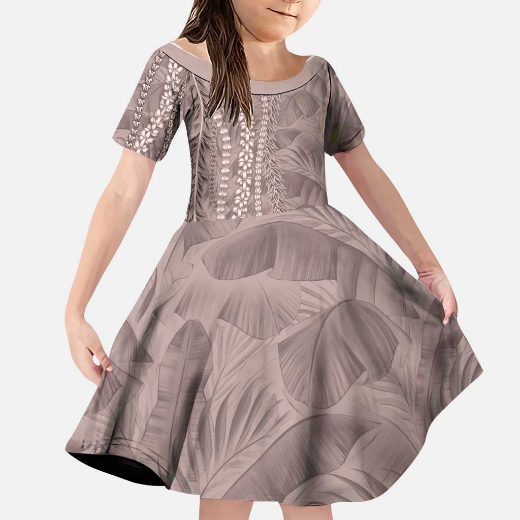 Hawaii Prince Kuhio Family Matching Off Shoulder Short Dress and Hawaiian Shirt Mocha Hawaiian Lau Maia With Leis LT05 Daughter's Dress Mocha - Polynesian Pride