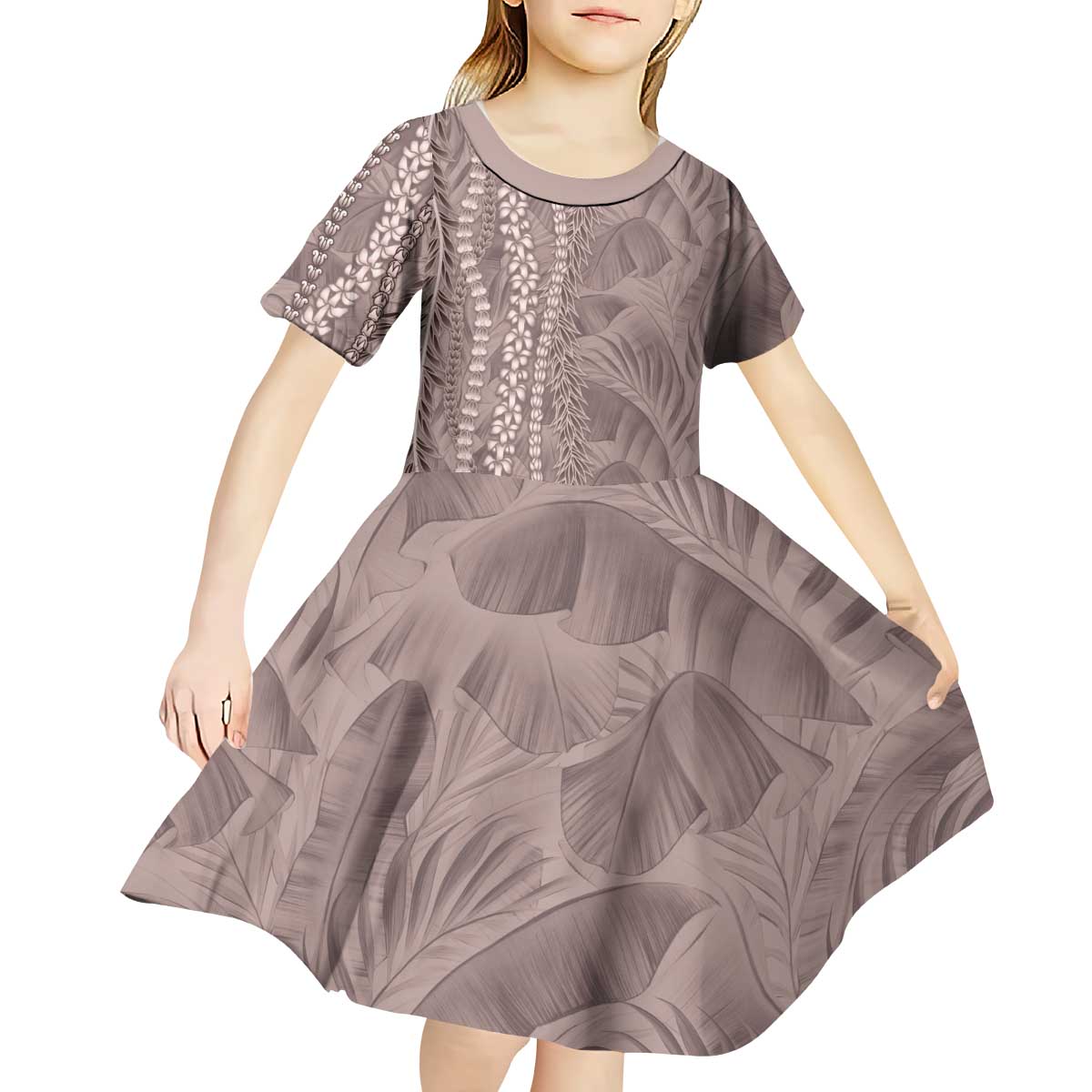 Hawaii Prince Kuhio Kid Short Sleeve Dress Mocha Hawaiian Lau Maia With Leis LT05 - Polynesian Pride