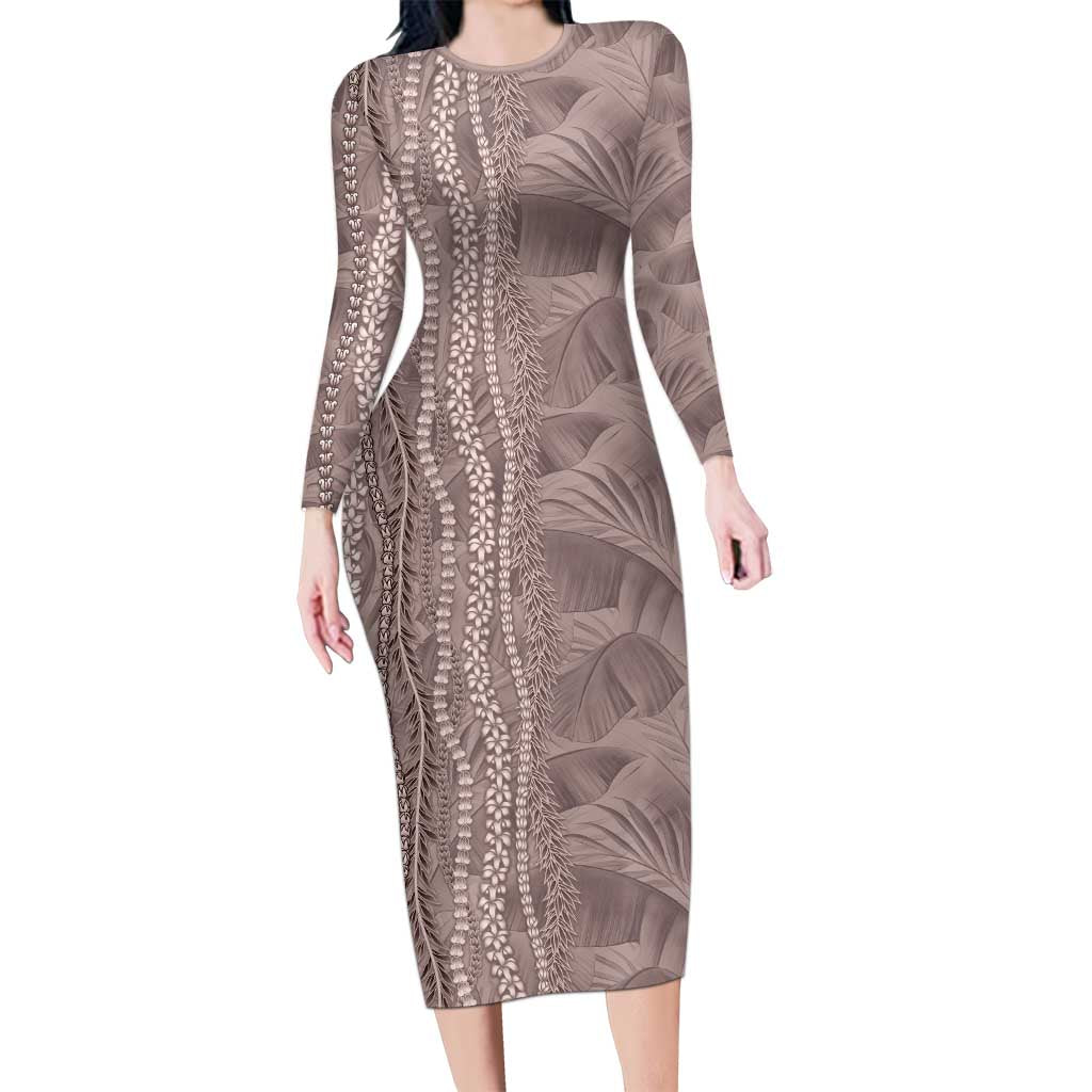 Hawaii Prince Kuhio Long Sleeve Bodycon Dress Mocha Hawaiian Lau Maia With Leis LT05 Long Dress Mocha - Polynesian Pride