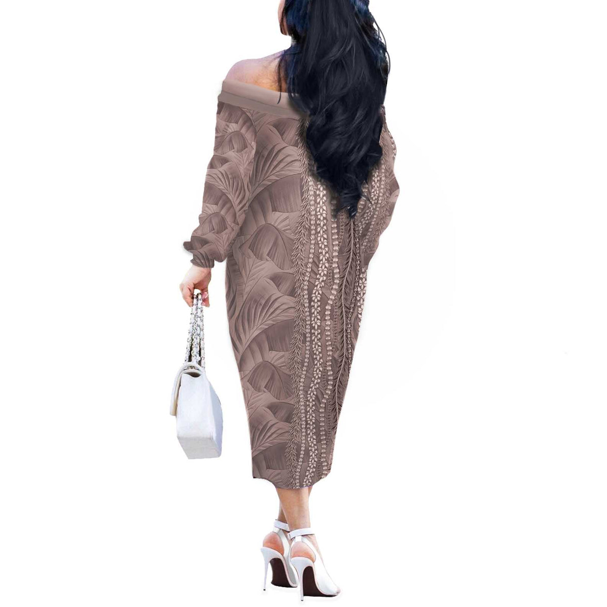 Hawaii Prince Kuhio Off The Shoulder Long Sleeve Dress Mocha Hawaiian Lau Maia With Leis LT05 - Polynesian Pride