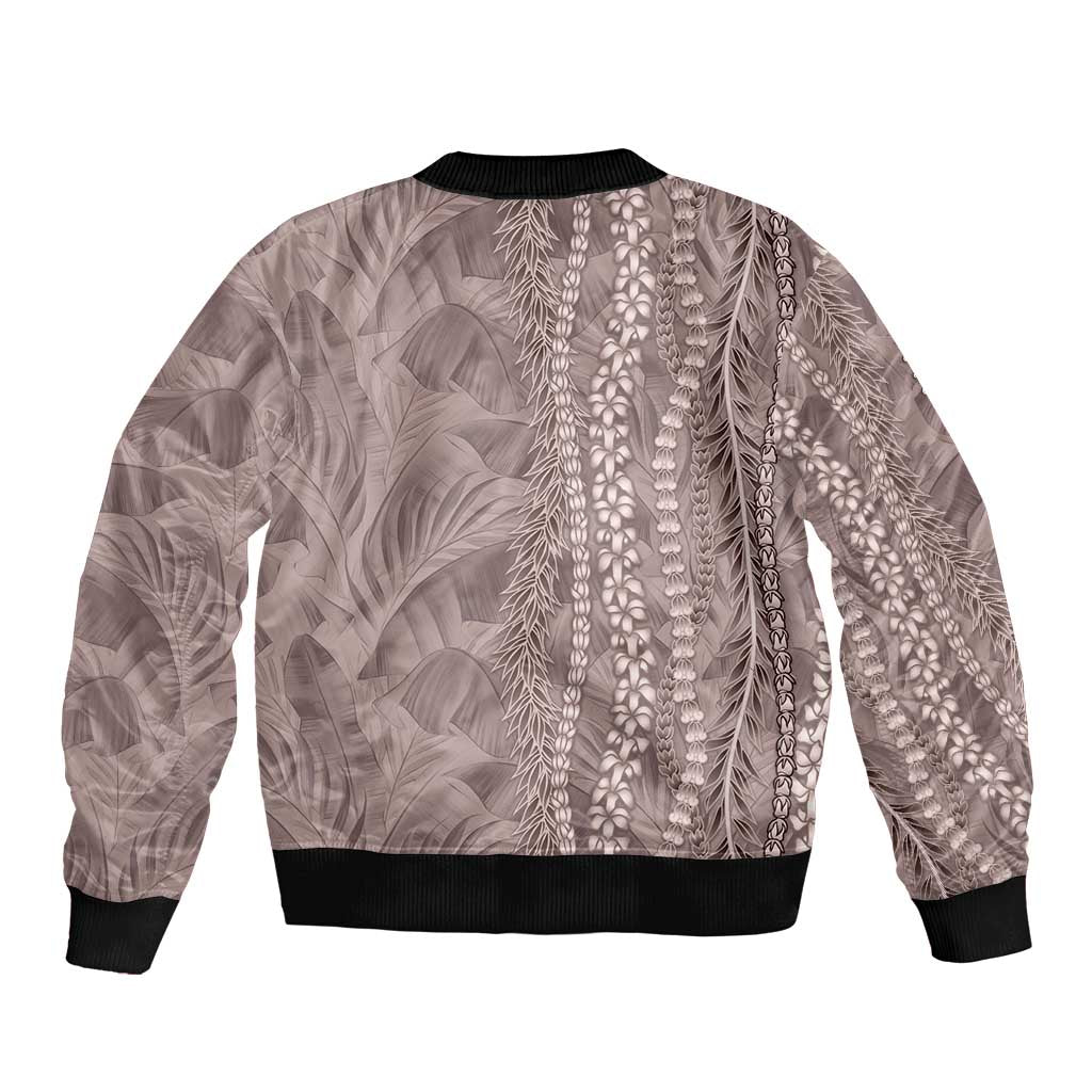 Hawaii Prince Kuhio Sleeve Zip Bomber Jacket Mocha Hawaiian Lau Maia With Leis