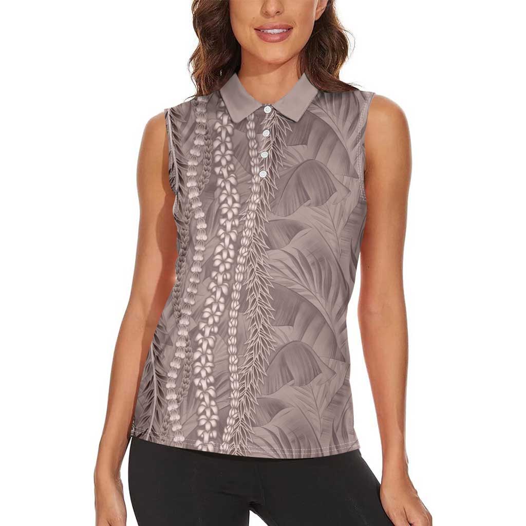 Hawaii Prince Kuhio Women Sleeveless Polo Shirt Mocha Hawaiian Lau Maia With Leis LT05 - Polynesian Pride