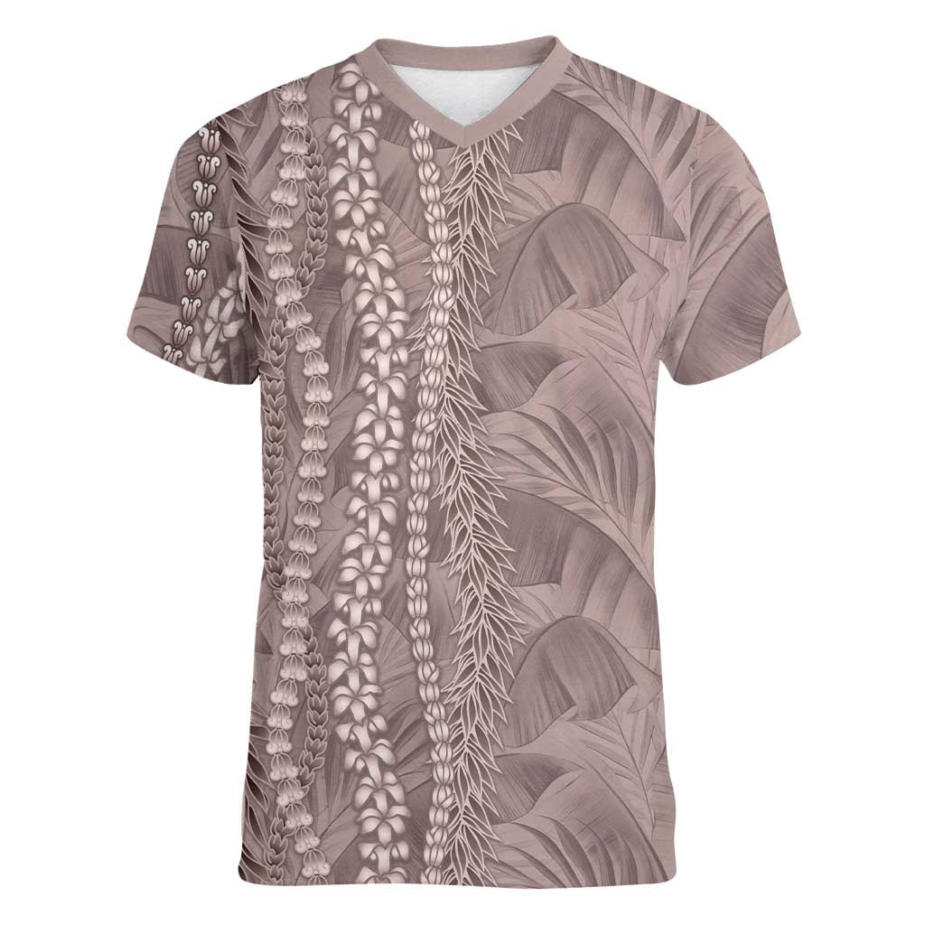 Hawaii Prince Kuhio Women V-Neck T-Shirt Mocha Hawaiian Lau Maia With Leis LT05 Female Mocha - Polynesian Pride