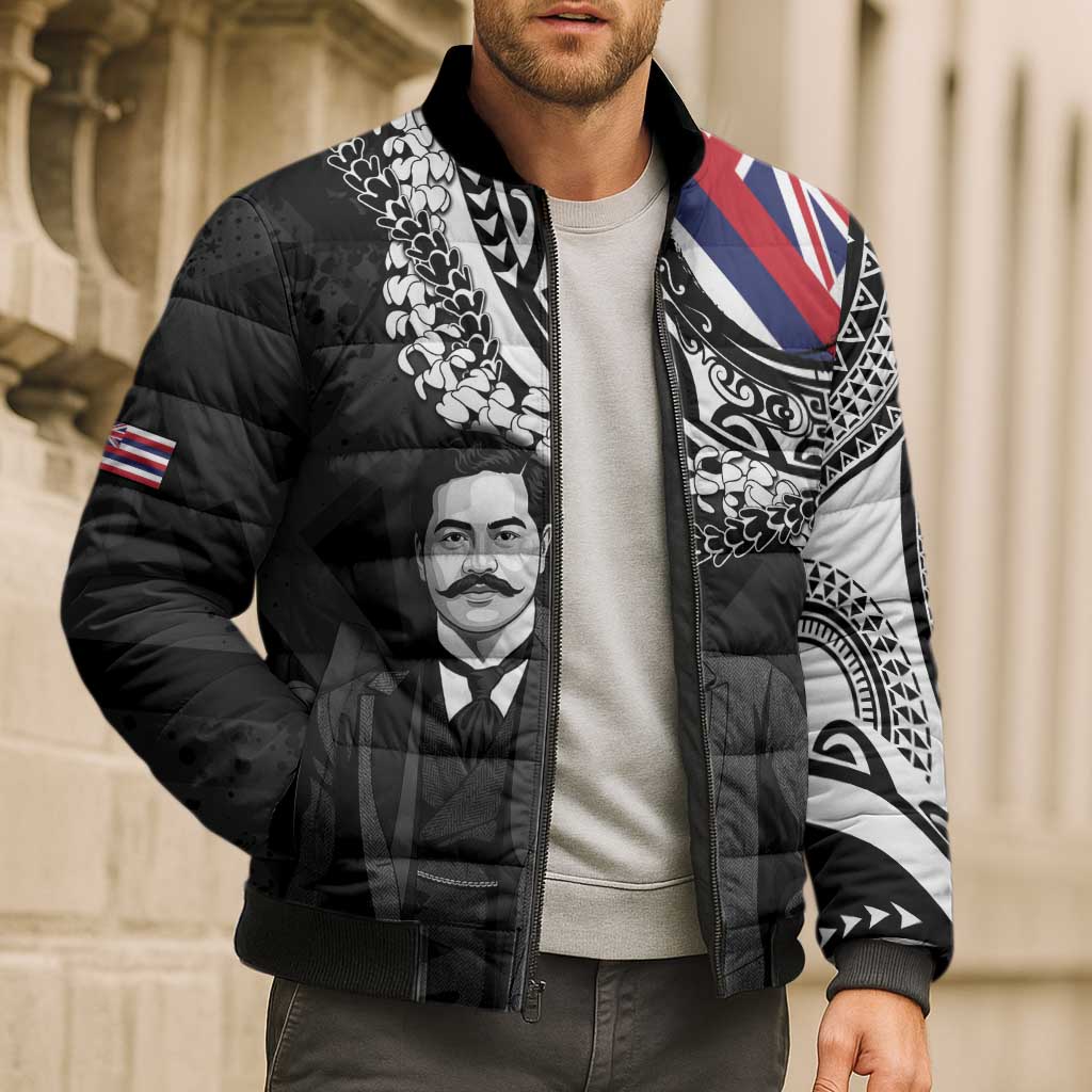 Personalised Hawaii Prince Kuhio Bomber Puffer Jacket Hawaiian Maile Lei