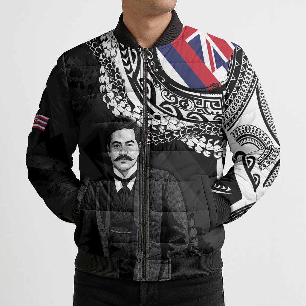 Personalised Hawaii Prince Kuhio Bomber Puffer Jacket Hawaiian Maile Lei