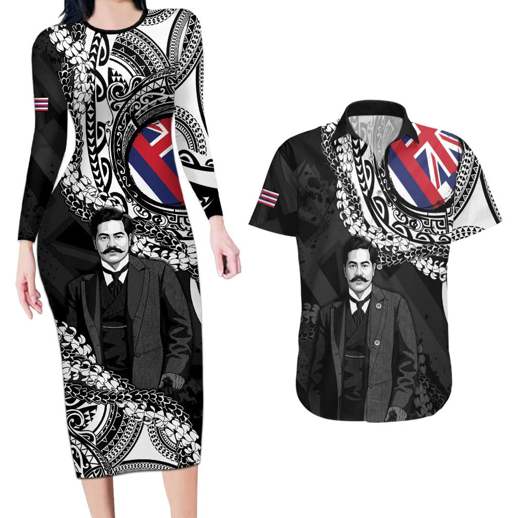 Personalised Hawaii Prince Kuhio Couples Matching Long Sleeve Bodycon Dress and Hawaiian Shirt Hawaiian Maile Lei LT05 Black - Polynesian Pride
