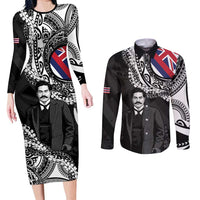 Personalised Hawaii Prince Kuhio Couples Matching Long Sleeve Bodycon Dress and Long Sleeve Button Shirt Hawaiian Maile Lei LT05 Black - Polynesian Pride