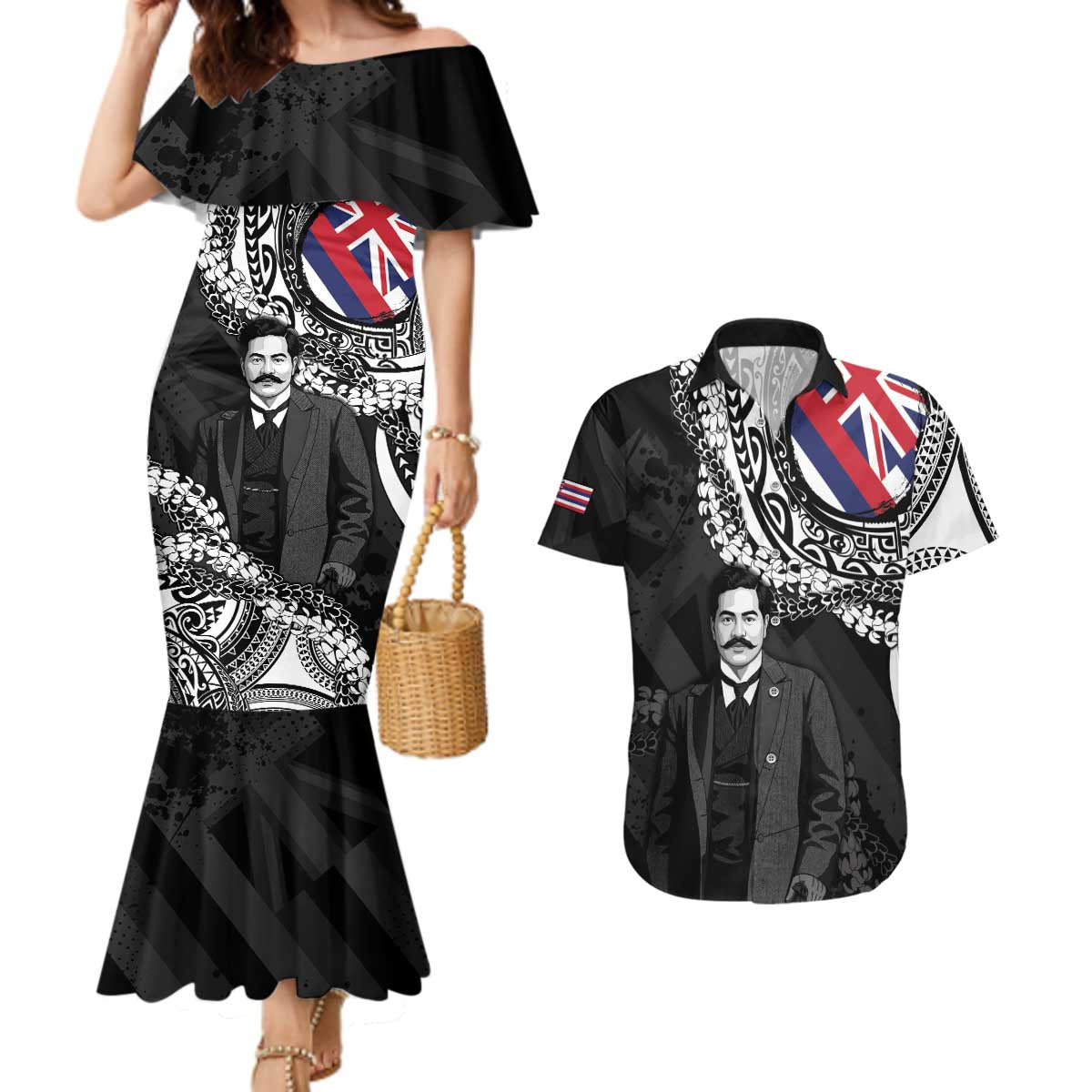 Personalised Hawaii Prince Kuhio Couples Matching Mermaid Dress and Hawaiian Shirt Hawaiian Maile Lei LT05 Black - Polynesian Pride