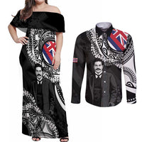 Personalised Hawaii Prince Kuhio Couples Matching Off Shoulder Maxi Dress and Long Sleeve Button Shirt Hawaiian Maile Lei LT05 Black - Polynesian Pride