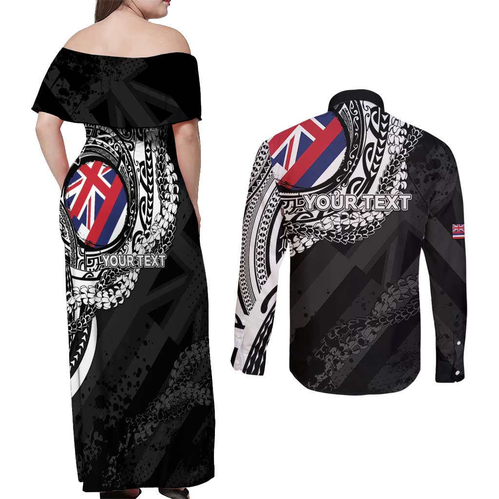 Personalised Hawaii Prince Kuhio Couples Matching Off Shoulder Maxi Dress and Long Sleeve Button Shirt Hawaiian Maile Lei LT05 - Polynesian Pride