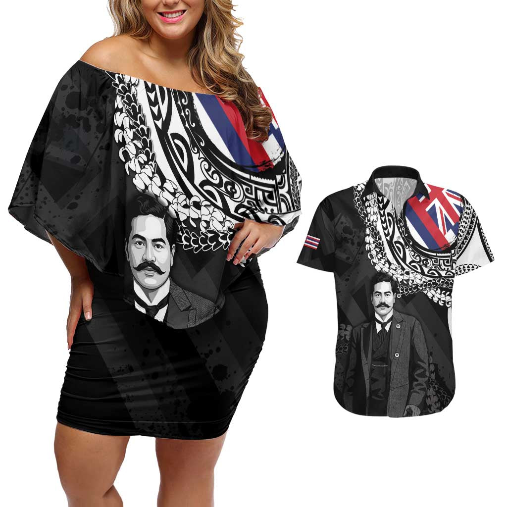 Personalised Hawaii Prince Kuhio Couples Matching Off Shoulder Short Dress and Hawaiian Shirt Hawaiian Maile Lei LT05 Black - Polynesian Pride