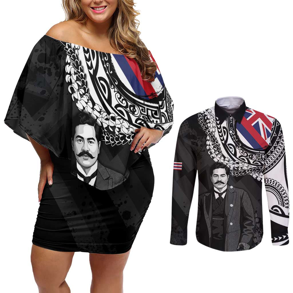Personalised Hawaii Prince Kuhio Couples Matching Off Shoulder Short Dress and Long Sleeve Button Shirt Hawaiian Maile Lei LT05 Black - Polynesian Pride