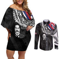 Personalised Hawaii Prince Kuhio Couples Matching Off Shoulder Short Dress and Long Sleeve Button Shirt Hawaiian Maile Lei LT05 Black - Polynesian Pride