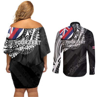 Personalised Hawaii Prince Kuhio Couples Matching Off Shoulder Short Dress and Long Sleeve Button Shirt Hawaiian Maile Lei LT05 - Polynesian Pride