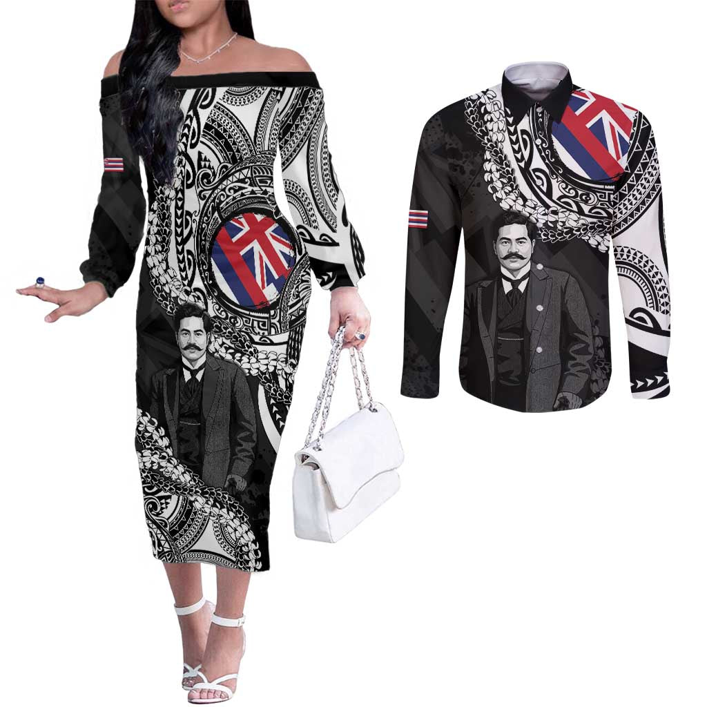 Personalised Hawaii Prince Kuhio Couples Matching Off The Shoulder Long Sleeve Dress and Long Sleeve Button Shirt Hawaiian Maile Lei LT05 Black - Polynesian Pride