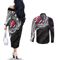 Personalised Hawaii Prince Kuhio Couples Matching Off The Shoulder Long Sleeve Dress and Long Sleeve Button Shirt Hawaiian Maile Lei LT05 - Polynesian Pride