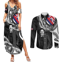 Personalised Hawaii Prince Kuhio Couples Matching Summer Maxi Dress and Long Sleeve Button Shirt Hawaiian Maile Lei LT05 Black - Polynesian Pride