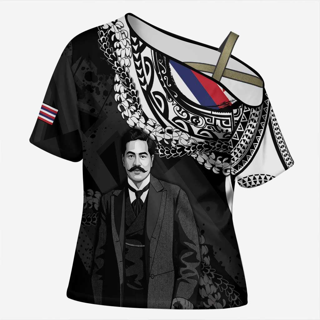 Personalised Hawaii Prince Kuhio Cross Shoulder Shirt Hawaiian Maile Lei LT05 Female Black - Polynesian Pride