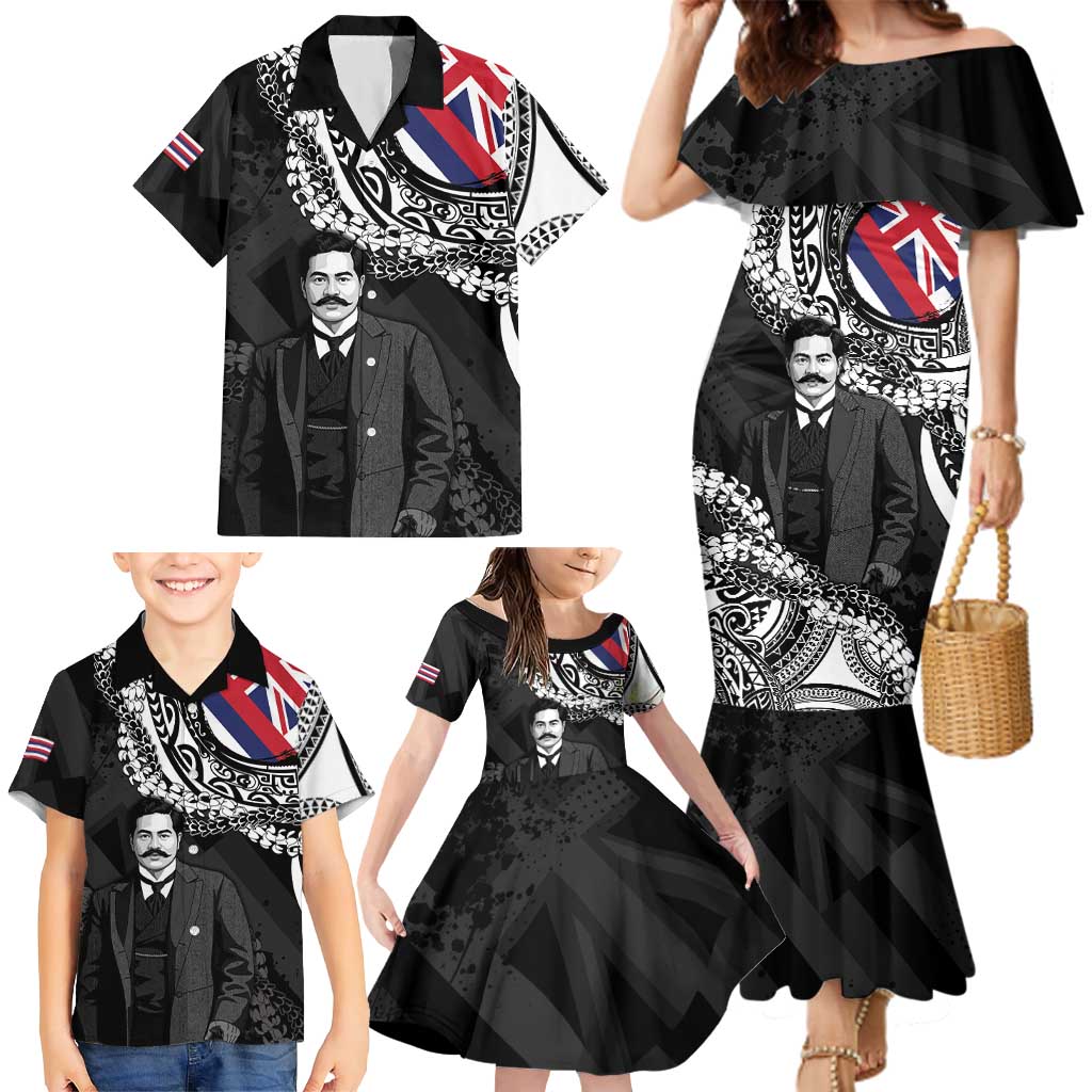 Personalised Hawaii Prince Kuhio Family Matching Mermaid Dress and Hawaiian Shirt Hawaiian Maile Lei LT05 - Polynesian Pride