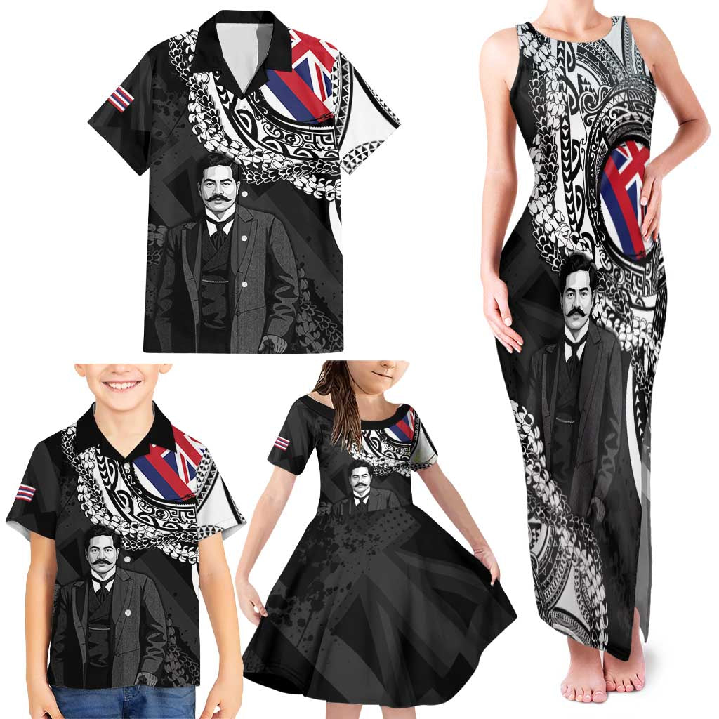 Personalised Hawaii Prince Kuhio Family Matching Tank Maxi Dress and Hawaiian Shirt Hawaiian Maile Lei LT05 - Polynesian Pride