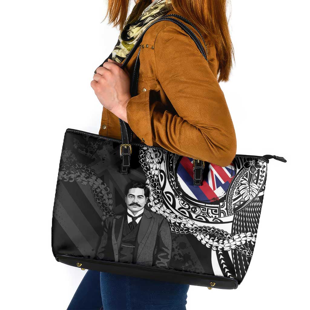 Hawaii Prince Kuhio Leather Tote Bag Hawaiian Maile Lei LT05 Black - Polynesian Pride