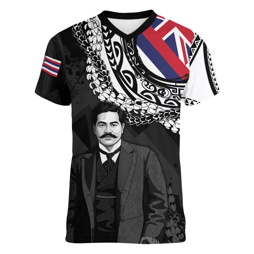 Personalised Hawaii Prince Kuhio Women V-Neck T-Shirt Hawaiian Maile Lei LT05 Female Black - Polynesian Pride