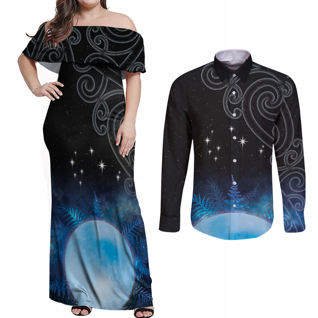New Zealand Matariki Couples Matching Off Shoulder Maxi Dress and Long Sleeve Button Shirt Pleiades Star Cluster Blue Galaxy LT05 Blue - Polynesian Pride