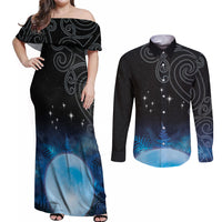 New Zealand Matariki Couples Matching Off Shoulder Maxi Dress and Long Sleeve Button Shirt Pleiades Star Cluster Blue Galaxy LT05 Blue - Polynesian Pride