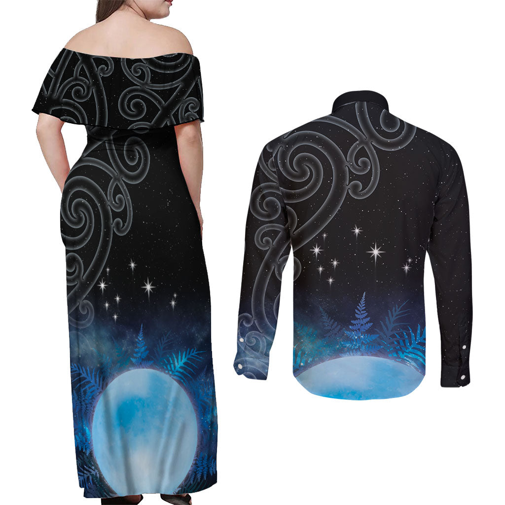 New Zealand Matariki Couples Matching Off Shoulder Maxi Dress and Long Sleeve Button Shirt Pleiades Star Cluster Blue Galaxy LT05 - Polynesian Pride