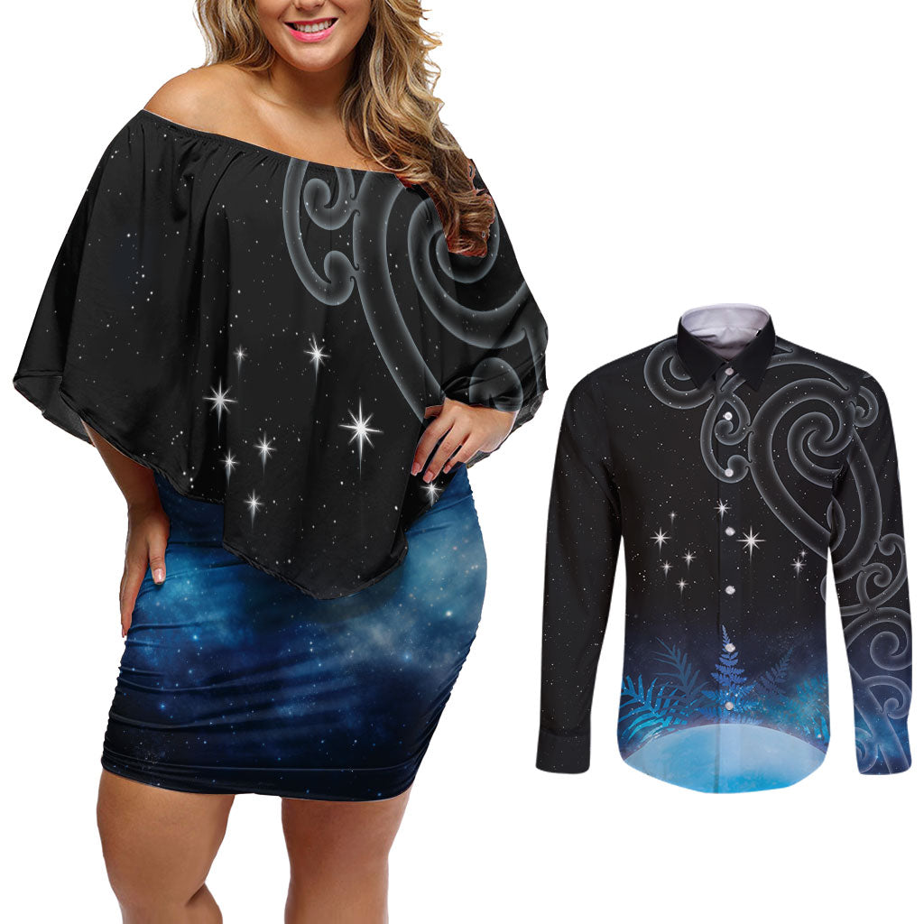 New Zealand Matariki Couples Matching Off Shoulder Short Dress and Long Sleeve Button Shirt Pleiades Star Cluster Blue Galaxy