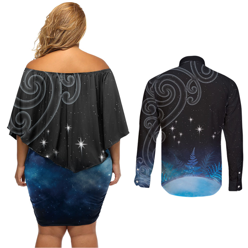 New Zealand Matariki Couples Matching Off Shoulder Short Dress and Long Sleeve Button Shirt Pleiades Star Cluster Blue Galaxy LT05 - Polynesian Pride