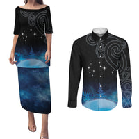 New Zealand Matariki Couples Matching Puletasi and Long Sleeve Button Shirt Pleiades Star Cluster Blue Galaxy LT05 Blue - Polynesian Pride