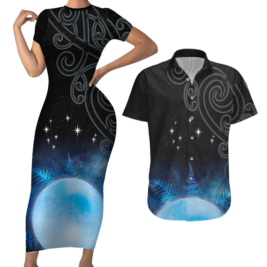 New Zealand Matariki Couples Matching Short Sleeve Bodycon Dress and Hawaiian Shirt Pleiades Star Cluster Blue Galaxy LT05 Blue - Polynesian Pride