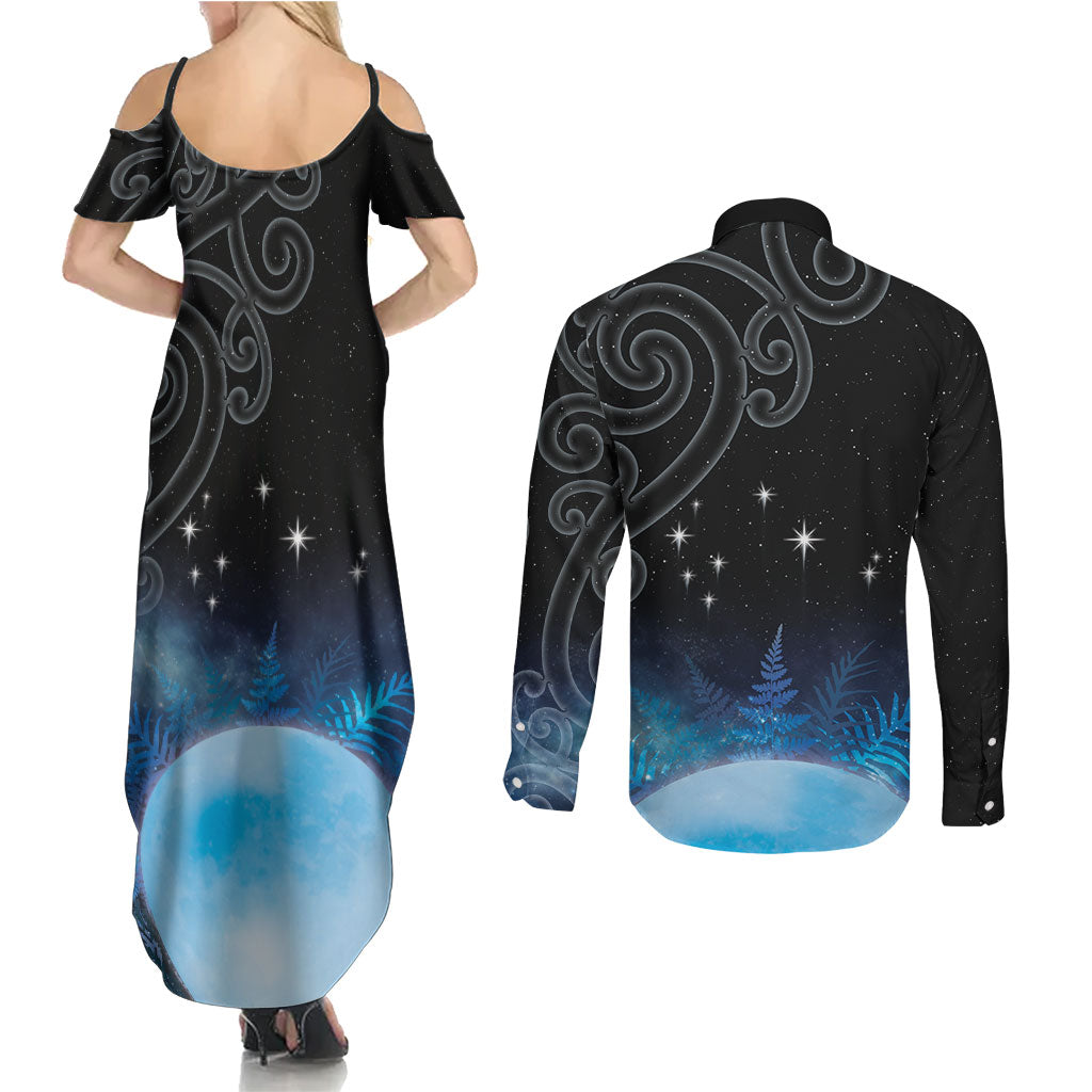 New Zealand Matariki Couples Matching Summer Maxi Dress and Long Sleeve Button Shirt Pleiades Star Cluster Blue Galaxy LT05 - Polynesian Pride